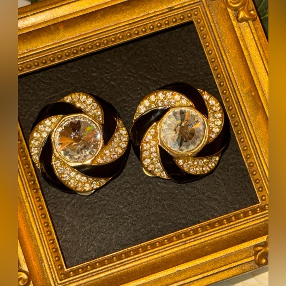 VTG Black Enamel and Crystal Swirl Earrings - Picture 7 of 16